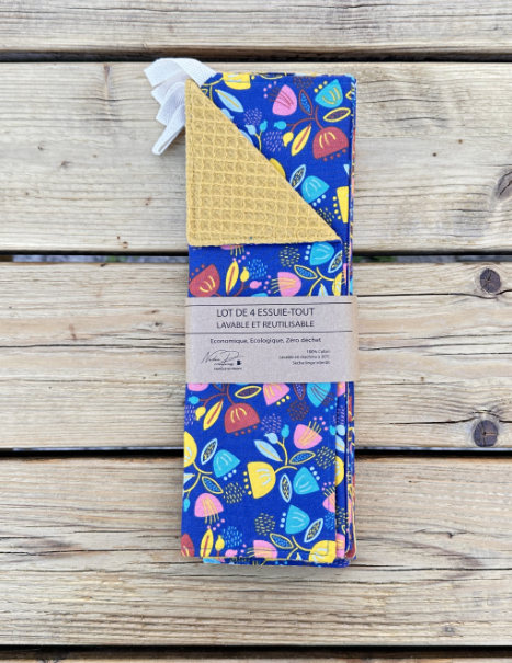 Lot de 4 Essuie-tout lavable - Coloris Petite fleur/Moutarde