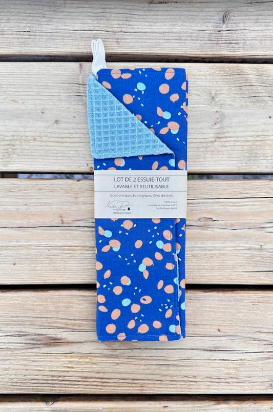 Lot de 2 Essuie-tout lavable - Coloris Pois orange/Bleu clair