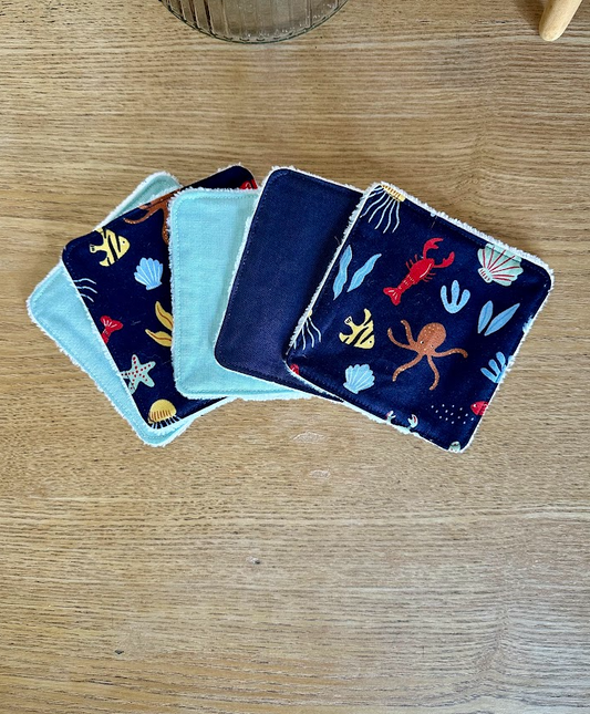 Lot de 5 lingettes lavables - Coloris Océan Mixés
