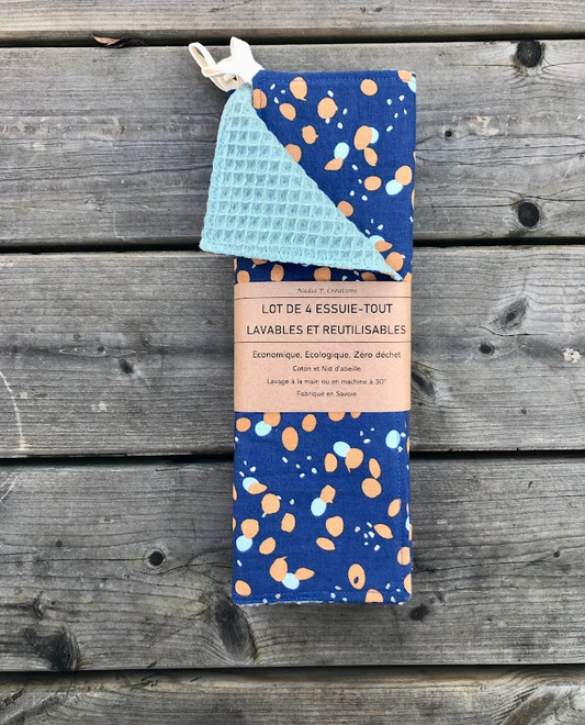 Lot de 4 Essuie-tout lavable - Coloris Pois orange/Bleu clair