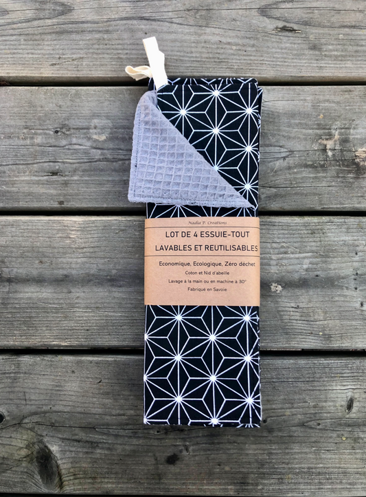 Lot de 4 Essuie-tout lavable - Coloris Noir/Gris clair