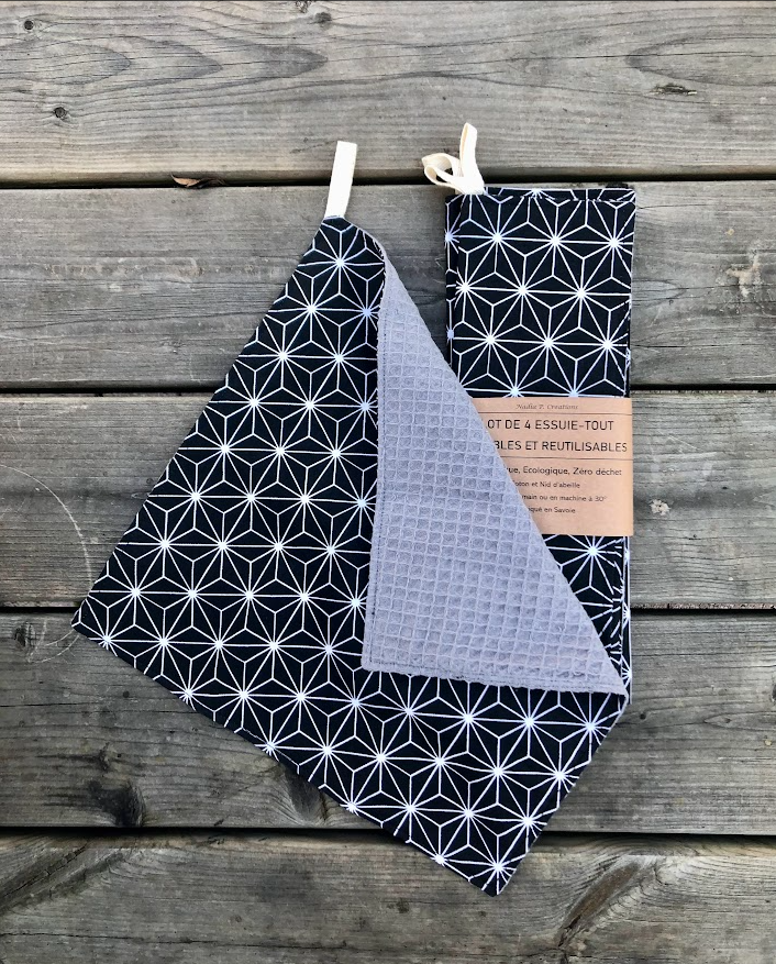 Lot de 4 Essuie-tout lavable - Coloris Noir/Gris clair