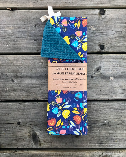 Lot de 4 Essuie-tout lavable - Coloris Petite Fleur/Bleu