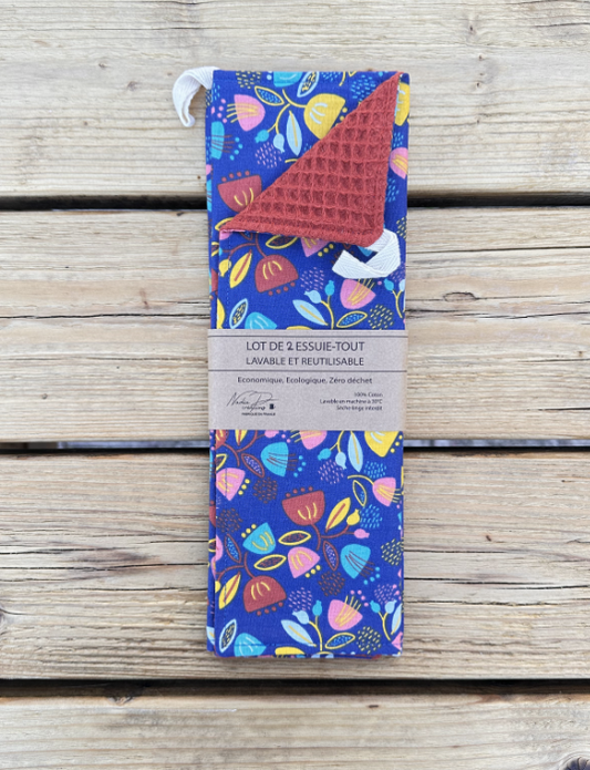 Lot de 2 Essuie-tout lavable - Coloris Fleuris/Bordeau
