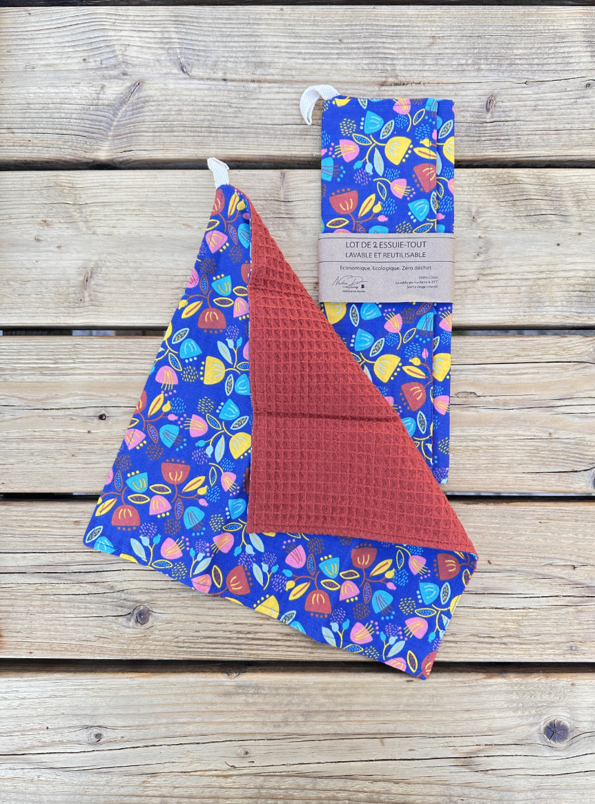 Lot de 2 Essuie-tout lavable - Coloris Fleuris/Bordeau
