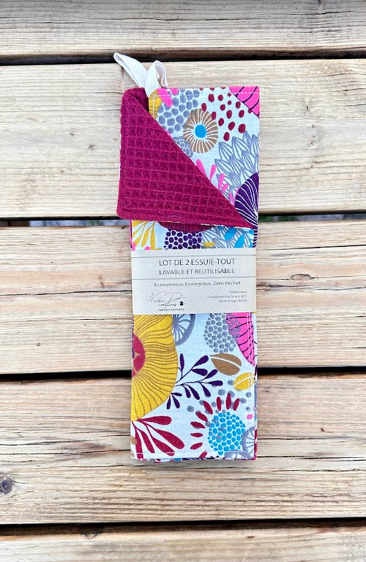 Lot de 2 Essuie-tout lavable - Coloris Fleuris/Bordeau