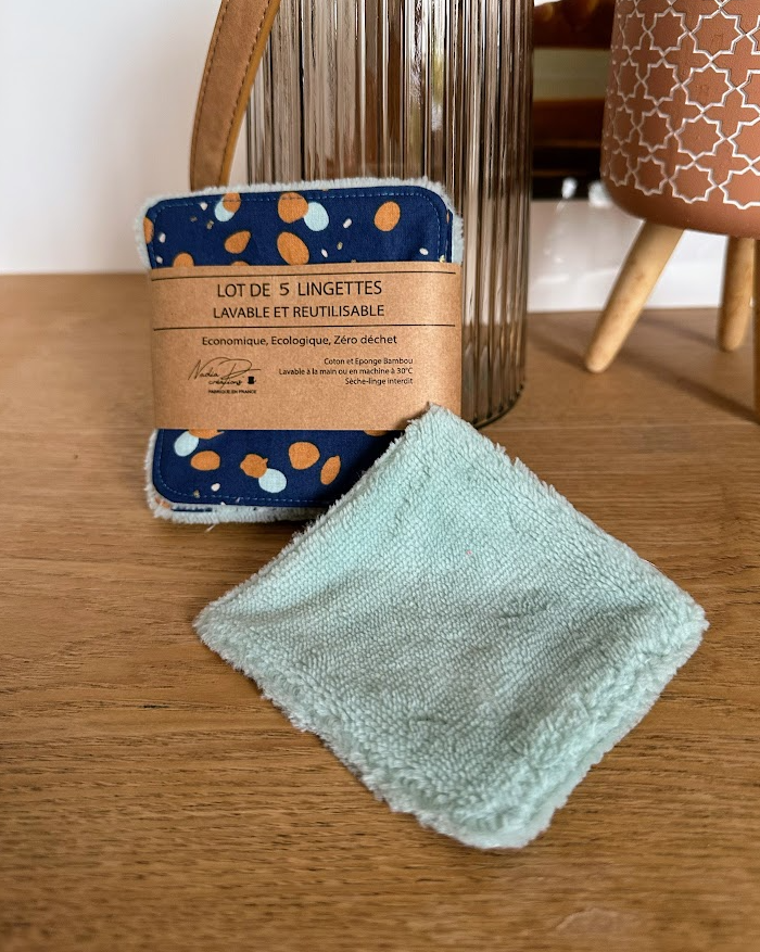 Lot de 5 lingettes lavables - Coloris Pois bleu