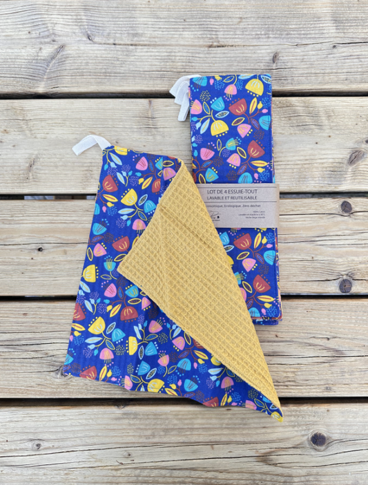 Lot de 4 Essuie-tout lavable - Coloris Petite fleur/Moutarde