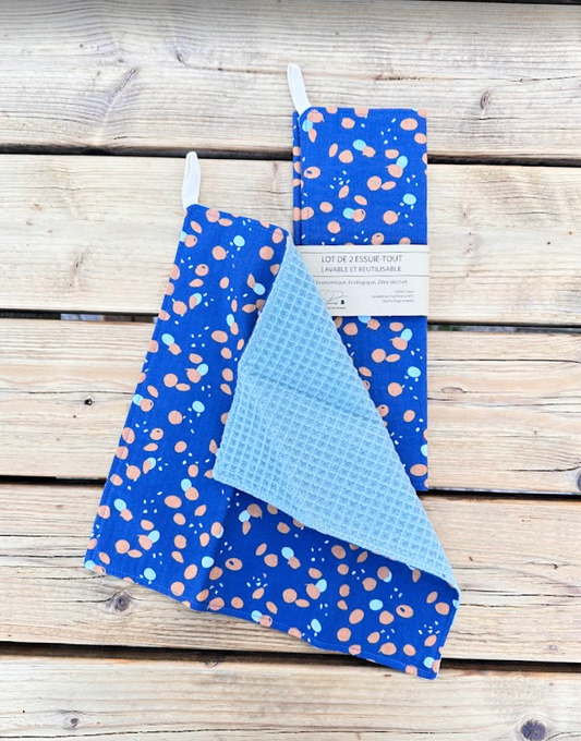 Lot de 2 Essuie-tout lavable - Coloris Pois orange/Bleu clair