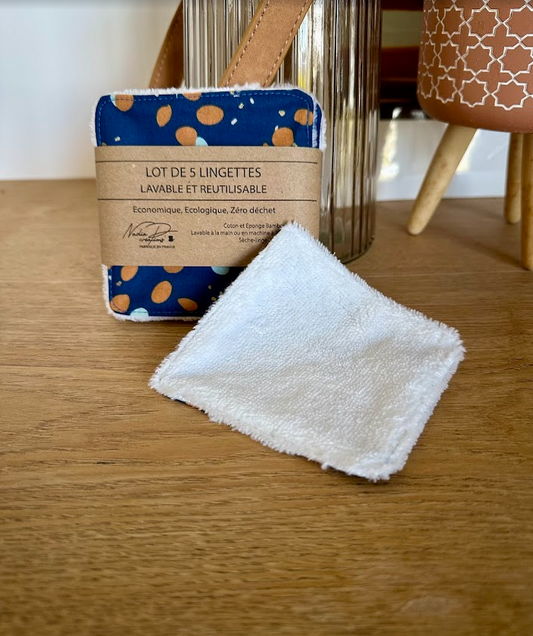 Lot de 5 lingettes lavables - Coloris Pois bleu