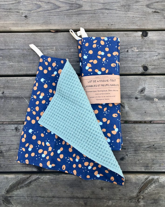 Lot de 4 Essuie-tout lavable - Coloris Pois orange/Bleu clair