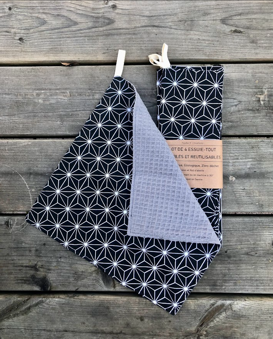 Lot de 4 Essuie-tout lavable - Coloris Noir/Gris clair