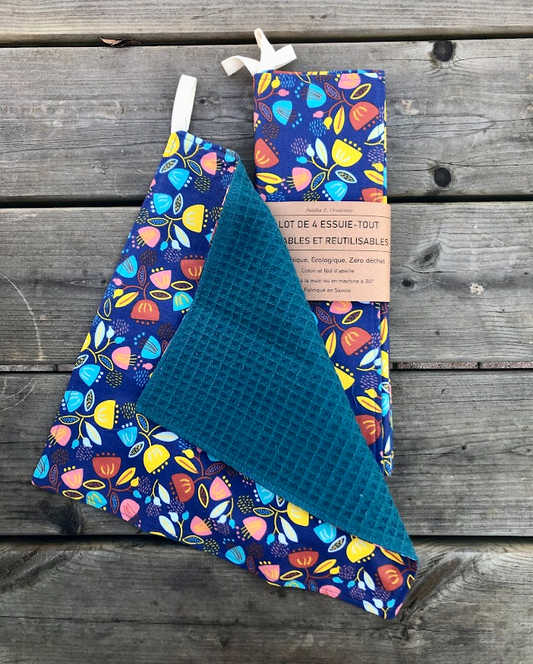 Lot de 4 Essuie-tout lavable - Coloris Petite Fleur/Bleu