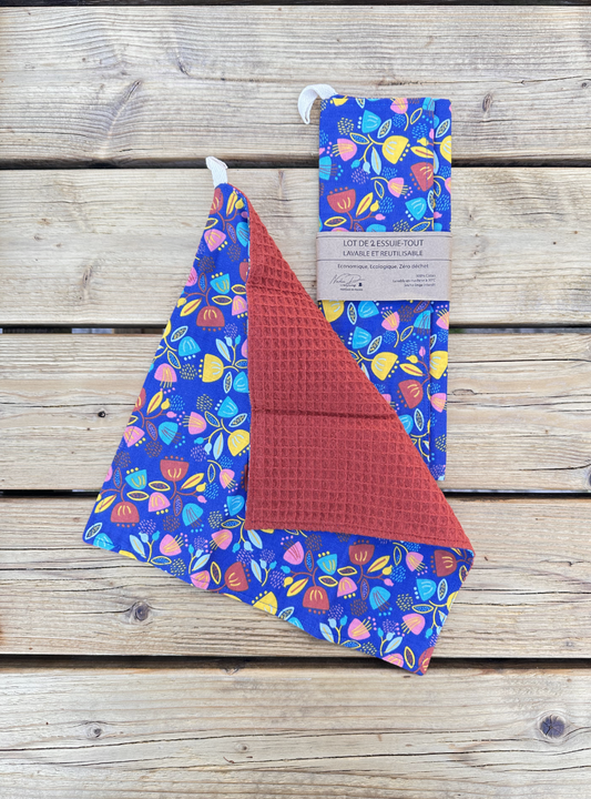 Lot de 2 Essuie-tout lavable - Coloris Fleuris/Bordeau