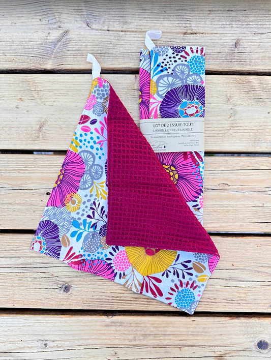 Lot de 2 Essuie-tout lavable - Coloris Fleuris/Bordeau