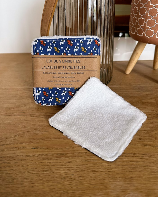 Lot de 5 lingettes lavables - Coloris Fleur bleu