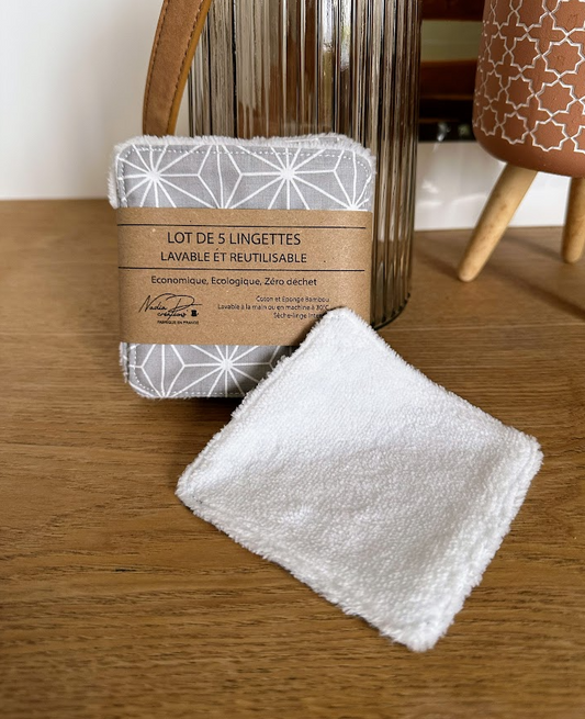 Lot de 5 lingettes lavables - Coloris Gris géométrique