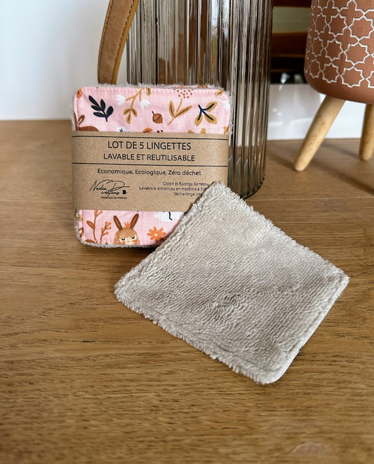 Lot de 5 lingettes lavables - Coloris Lapin rose