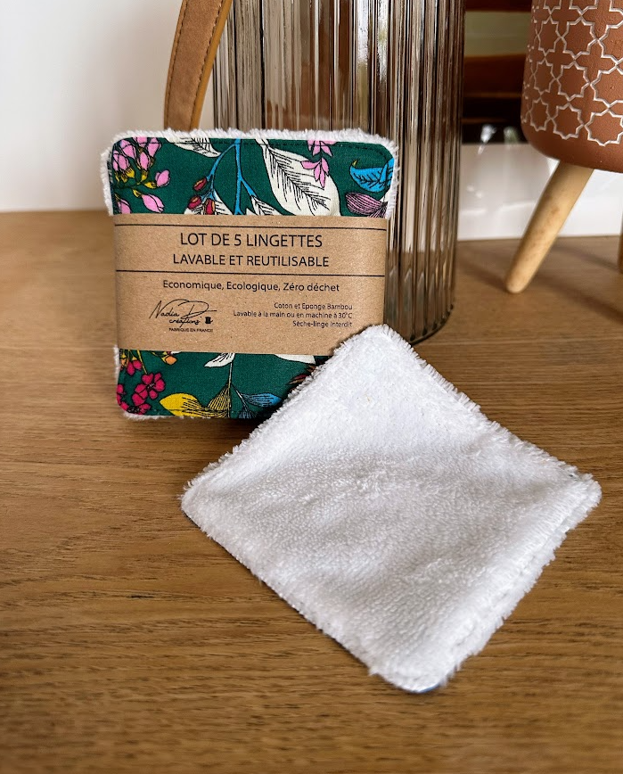 Lot de 5 lingettes lavables - Coloris Fleur vert