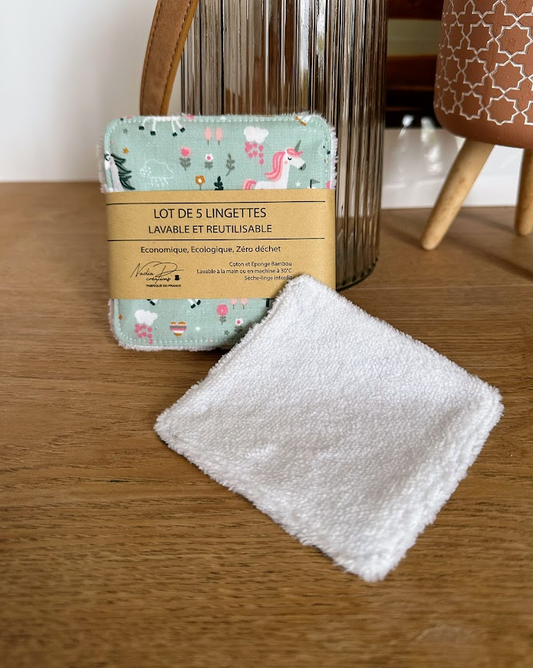 Lot de 5 lingettes lavables - Coloris Licorne
