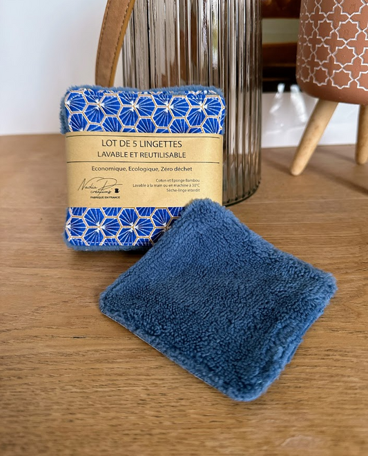 Lot de 5 lingettes lavables - Coloris Bleu géométrique