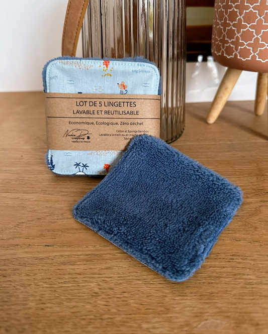 Lot de 5 lingettes lavables - Coloris Pirate bleu