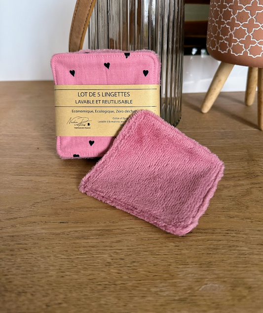 Lot de 5 lingettes lavables - Coloris Coeur rose